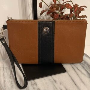STONE Mountain Tan & Black Wristlet Wallet LEATHER Clutch & Detachable Coin Bag
